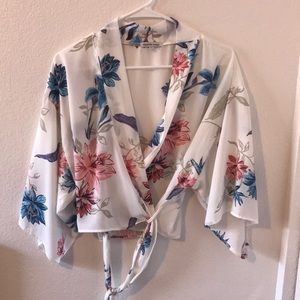 Floral sheer wrap tie blouse